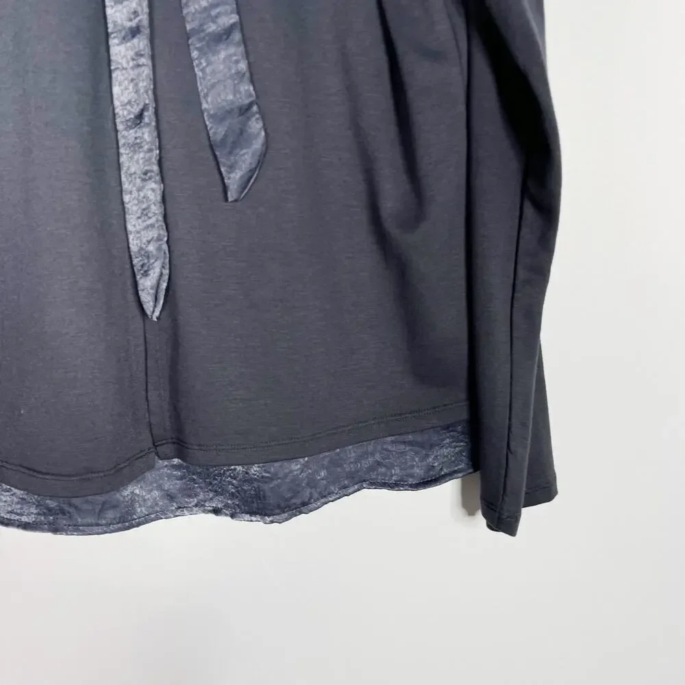 Bobeau Gray Blue MP Tie Open Back Long Sleeve Top Medium Petite Crew Neck